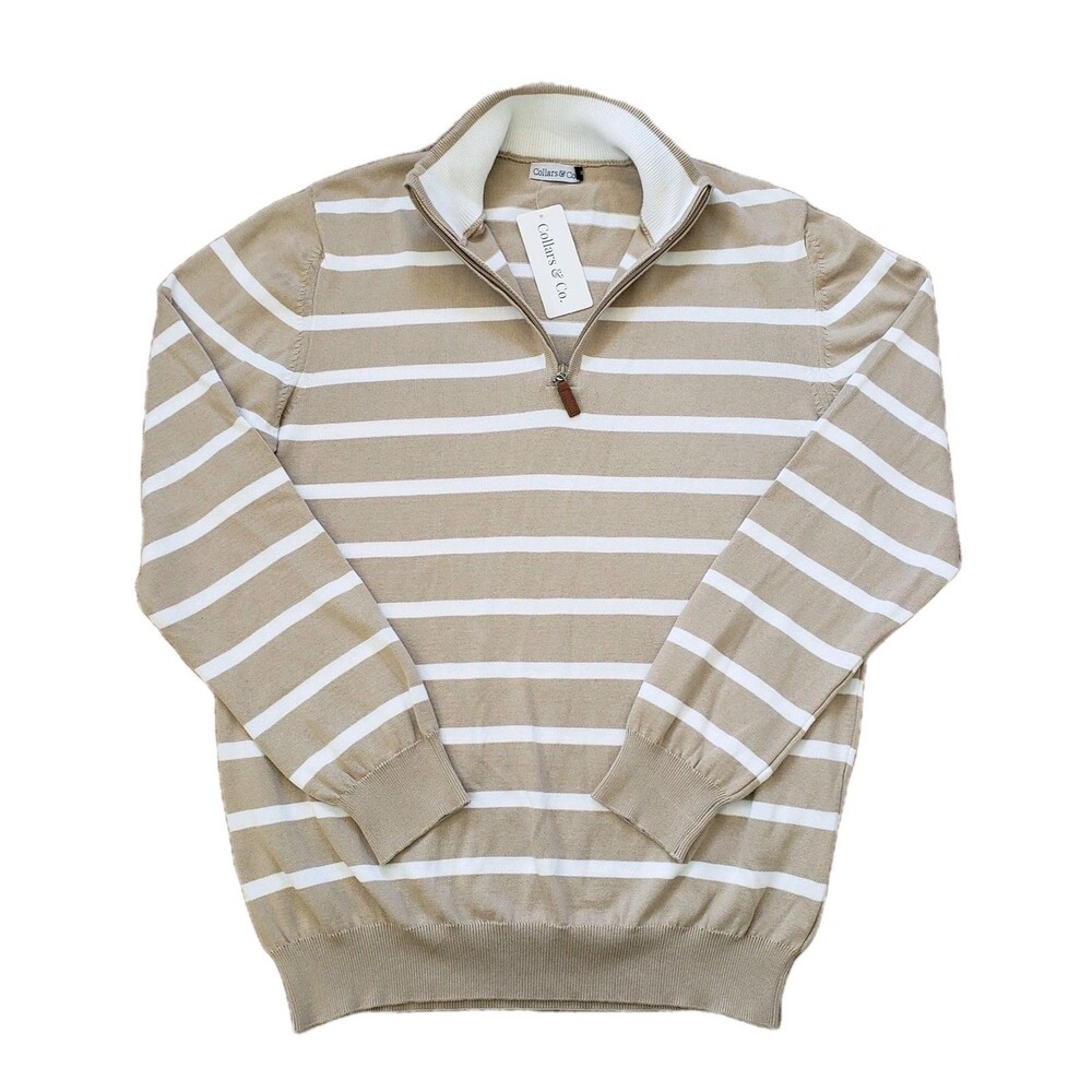 NWT Collars & Co Sz XL Mens Light Brown Striped 1/4 Zip Egyptian Cotton Sweater